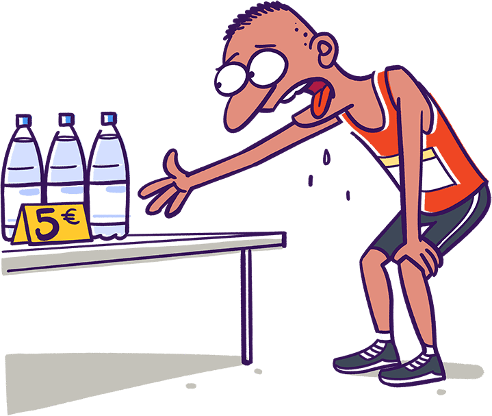 Ilustratīvs attēls: sportists pēc smaga treniņa ir gatavs pirkt ūdeni par 5 eiro.